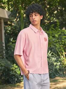 Open Phase 男士短袖后背樱桃字母图案休闲夏季衬衫男樱桃衬衫 - 粉色 - 查看 4
