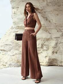 MOTF PREMIUM 亚麻混纺扭结领无袖衬衫，春夏时尚之选 - 咖啡棕 - 查看 2