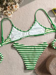 Swim Mod Women's 2 Pieces Green Stripe Textured Spaghetti Strap Bikini Top And Bottoms,Summer Casual Holiday Pool Party Vacation Holiday Swimming Swimsuits - Green - View 2