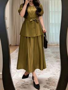 DAZY Women's Elegant Solid Color V-Neck Belted Shirt And A-Line Skirt 2-Piece Set, Spring/Summer - Green - View 2