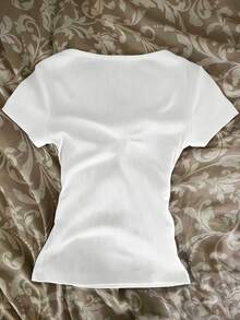 Glimmora Women's Casual Commuting Contrast Lace Half-Button Short Sleeve T-Shirt, Summer - White - View 2