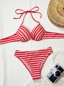Swim SXY 夏季红粉条纹提花面料，带钢圈支撑，交叉露背吊带性感休闲女士沙滩比基尼泳装套装 - 紅色 - 查看 4