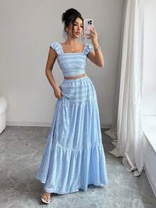 Elenzga 春夏蓝色针织纹理抹胸上衣，喇叭袖，搭配层叠A字裙套装，优雅法式度假风女装 - 淺藍色 - 查看 5