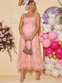 Loomaby Elegant Floral Embroidered Mesh Strap Maternity Dress For Party - Pink - View 6