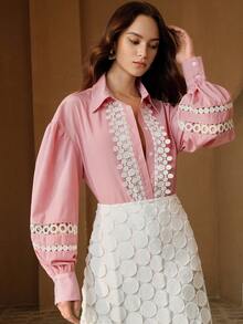 Anewsta 春季法式蕾丝拼接条纹女式衬衫 - 紅色 - 查看 3