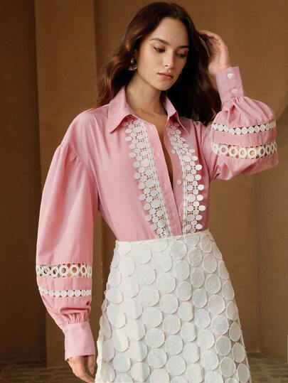 Anewsta 春季法式蕾丝拼接条纹女式衬衫