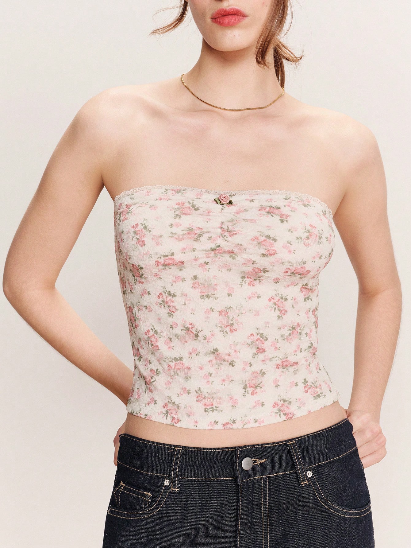 Cream Floral Lace Strapless Thank Top With Flower Trim Pink Floral Lace Top Spring Summer Going Out Vacation Top French Style Parisian Style Ladies Clothes