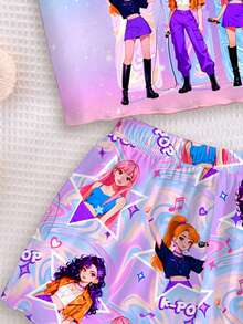 SHEIN 两件套女童时尚韩流女团字母星形印花套装，彩色卡通人物印花，渐变扎染，韩流粉丝礼物，音乐，时尚男女童装，风格，姐妹装，吊带背心和短裤夏季两件套，韩流，Y2K，粉色，儿童舒适，儿童日常时尚，儿童套装，夏季服装，卡通图案，粉色，Blossom Vogue，秋季新款，价格实惠的时尚 - 彩色 - 查看 4