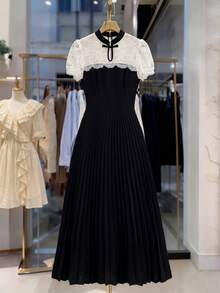 Elenzga Women's Elegant Lace Patchwork Mandarin Collar A-Line Pleated Dress - Black and White - View 3