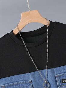 SHEIN Mirajuku 青少年男童时尚条纹印花T恤和牛仔短裤套装，夏季 - 黑色 - 查看 3