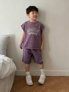 Dazy Kids 2pcs/Set Boys' Letter Print Round Neck Tank Top And Shorts Casual Outfit - Purple - View 3