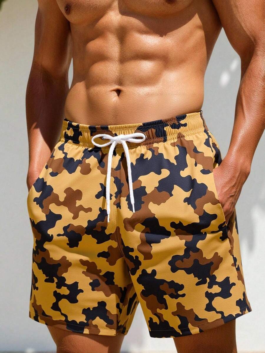 ZELFYO Men's Casual Camo Print Drawstring Waist Slant Pocket Loose Beach Shorts - White - View 1