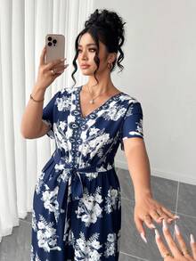 Elenzga Plus Size Elegant Floral Print Jumpsuit, Summer - Multicolor - View 3