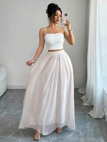 EMERY ROSE Falda de línea A elegante y transparente con lentejuelas para mujer, de estilo versátil adecuado para el trayecto diario, el estilo callejero francés, retro, fiestas, Navidad, Año Nuevo, ocasiones de negocios, en degradado marrón, apta para primavera, verano, otoño e invierno - Beis - Ver 6