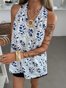 Livesso Women's White And Blue Floral Sleeveless Shirt,Summer Boho Vacation Holiday Casual Beach Outfits For Music Festivals,Valentine's Day,Weddings - Beige - View 7
