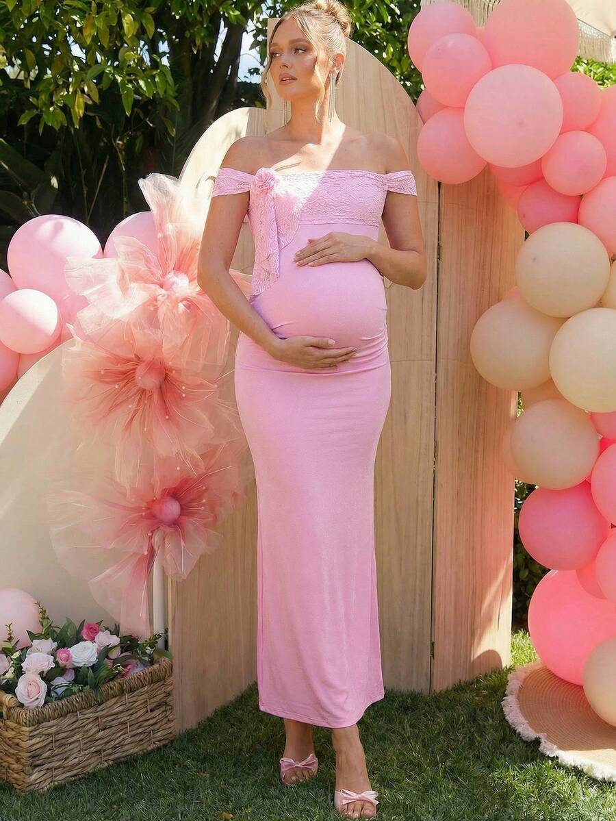 Loomaby Pregnant Women's Floral Contrast Lace Off-Shoulder Fitted Elegant Pink Summer Maternity Dress For Baby Shower Gender Reveal Pregnancy Photoshoot - Pink - View 1
