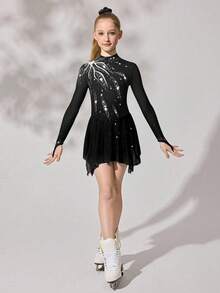 Tween Girls Figure Skating Dress, Black With Sparkly Floral Print, High Stretch Fitted Design, Smooth Flowing Mesh Skirt - Black - View 7