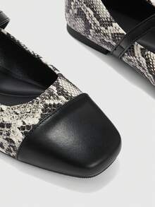 CUCCOO BIZCHIC Women's Snake Print Buckle Round Head Mary Jane Flat Shoes - White and Black - View 5