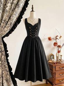 xheVintamour Vestido vintage elegante para mujer con bolsillos, cruzado, con cadena y botones metálicos, vestido informal para vacaciones de otoño.xhe - Negro - Ver 7