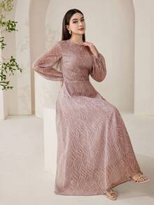 Veilorie Women's Elegant Contrast Lace Lantern Sleeve Waist Cinched Dress, Suitable For Spring And Autumn - Dusty Pink - View 3