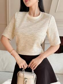 DAZY 女士圆领短袖休闲宽松百搭T恤 - 杏色 - 查看 5