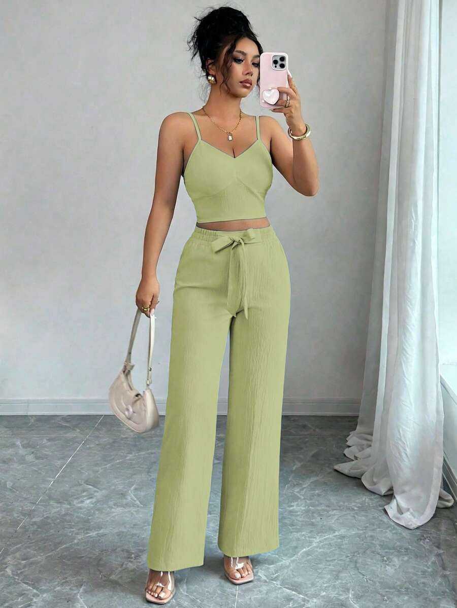 SHEIN PETITE Women's Casual Solid Color High Waist Camisole & Wide Leg Pants Set - Yellow - View 1