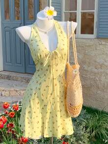 Comfortcana 女士甜美碎花露背吊带迷你连衣裙，夏季 - 黃色 - 查看 6