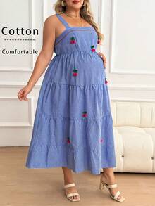 Plussiva Plus Size Maternity Plus-Size Blue Striped Cotton Vacation-Style Maternity Dress, Sweet And Lovely Cherry Design. Plaid Print Ruffle Hem Cami Dress Women Casual Dresses Women's Summer Dresses Women Sundresses Women Sun Dress Women's Dress Cotton Dresses Maternity Summer Dress Pregnancy Photoshoot Dress Maternity Clothes Summer Dresses Gingham Maternity Dress Cherry Print Maternity Dress Picnic Dress For Women Summer Maxi Dress Brunch Dresses For Women Resort Dresses For Women Zanea Dress For Woman - Blue - View 6