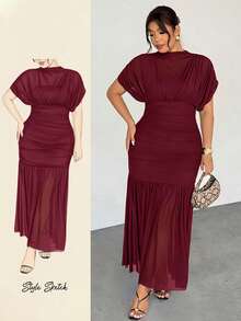 Firerie Elegantes, zierliches, romantisches, charmantes, modisches Maxikleid in Große Größen für Valentinstag, Abendessen, Hochzeitsgast, Feiertage, aus transparentem Mesh, 2-in-1, in Braun - Rot-violett - Übersicht 1