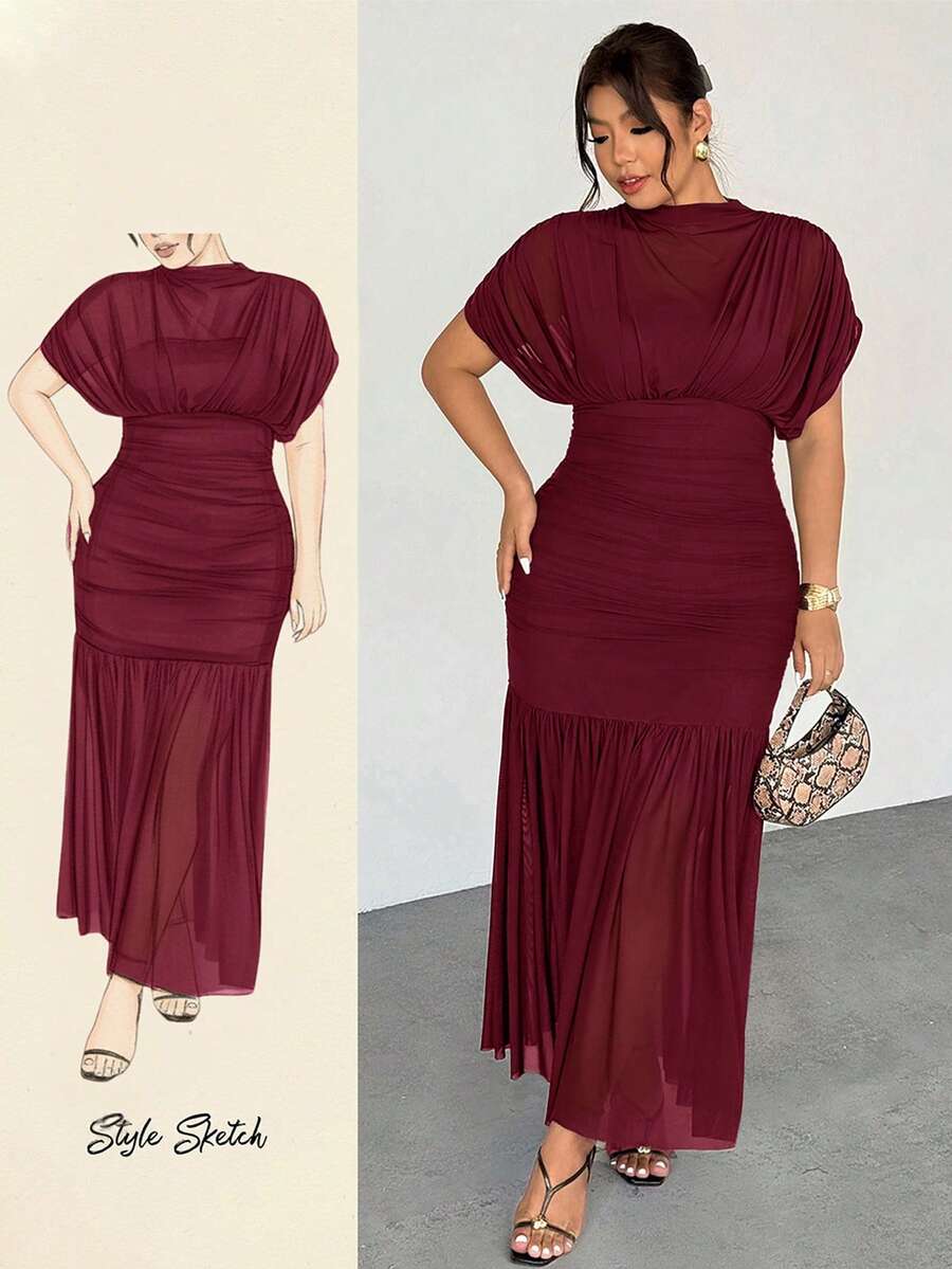 Firerie Elegantes, zierliches, romantisches, charmantes, modisches Maxikleid in Große Größen für Valentinstag, Abendessen, Hochzeitsgast, Feiertage, aus transparentem Mesh, 2-in-1, in Braun - Rot-violett - Übersicht 1