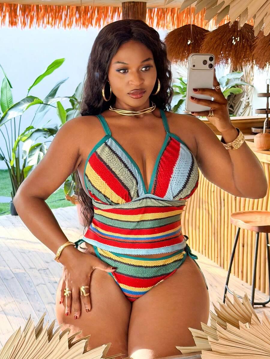 Slaydiva Große Größen Damen Sommer Strand gestreifter sexy Träger Tankini Set - Verschiedenfarbig - Übersicht 1
