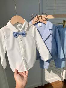 SHEIN 男宝宝可爱夏季百搭绅士套装：白色衬衫、蓝色格纹西装外套、松紧腰裤套装，适合生日派对、晚宴、演出、婚礼、迎婴派对、一周岁生日庆祝等场合。 - 藍色 - 查看 5