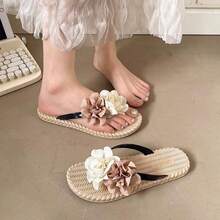 Sandalias de mujer, con un diseño moderno y adorable decorado con flores en dos tonos; chanclas con tiras entre los dedos, de suela plana y resistentes, ideales para la playa; sandalias de playa para mujer, chanclas para mujer - Negro - Ver 2