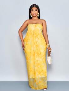 SOLERSUN 女士优雅纯色不对称领侧抽绳褶皱时尚亚麻质感连衣裙 - 黃色 - 查看 8