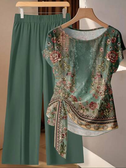 SHEIN Clasi 2 piezas Conjunto de camisa y pantalones casuales bohemios con estampado verde para mujer - Elegante conjunto romántico retro para primavera/verano, perfecto para vacaciones, boda en una isla tropical, fiesta de damas de honor, invitado de boda, despedida de soltera, cita nocturna, paseo de jardín de estilo campestre durante el día, regalo del Día de la Madre y festival de música bohemio