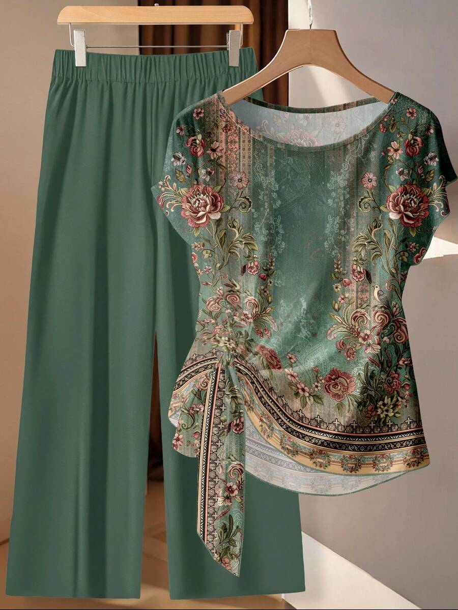 SHEIN Clasi 女士休闲波西米亚风绿色印花衬衫长裤两件套 - 优雅浪漫复古春夏海滩度假装,完美适用于度假、热带海岛婚礼、伴娘派对、婚礼宾客、新娘送礼会、约会之夜、乡村风格日间花园漫步、母亲节礼物及波西米亚音乐节 - 彩色 - 查看 1