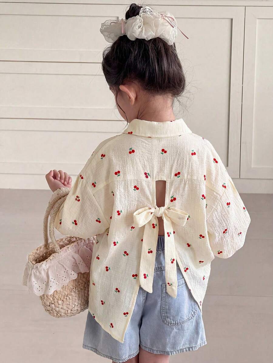 SHEIN Tween Girls Pink Cute Cherry Bow Back Slit Long Sleeve Blouse, Loose Casual Fashionable Versatile Squishy New Ss26 Fashion Summer Tops Pink Tops - Multicolor - View 1