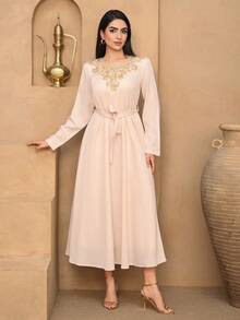 DAZY Women's Long Dress With Waist Belt, Elegant Fitted Robe Sun Dresses For Women - Apricot - View 7