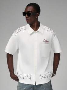 STYNVO Men's Casual Fashion Street Daily Commute Rhinestone Patchwork Dropped Shoulder Loose Shirt, Summer - White - View 1