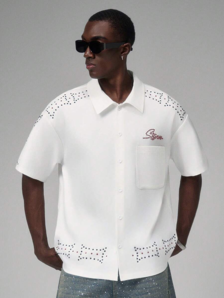 STYNVO Men's Casual Fashion Street Daily Commute Rhinestone Patchwork Dropped Shoulder Loose Shirt, Summer - White - View 1