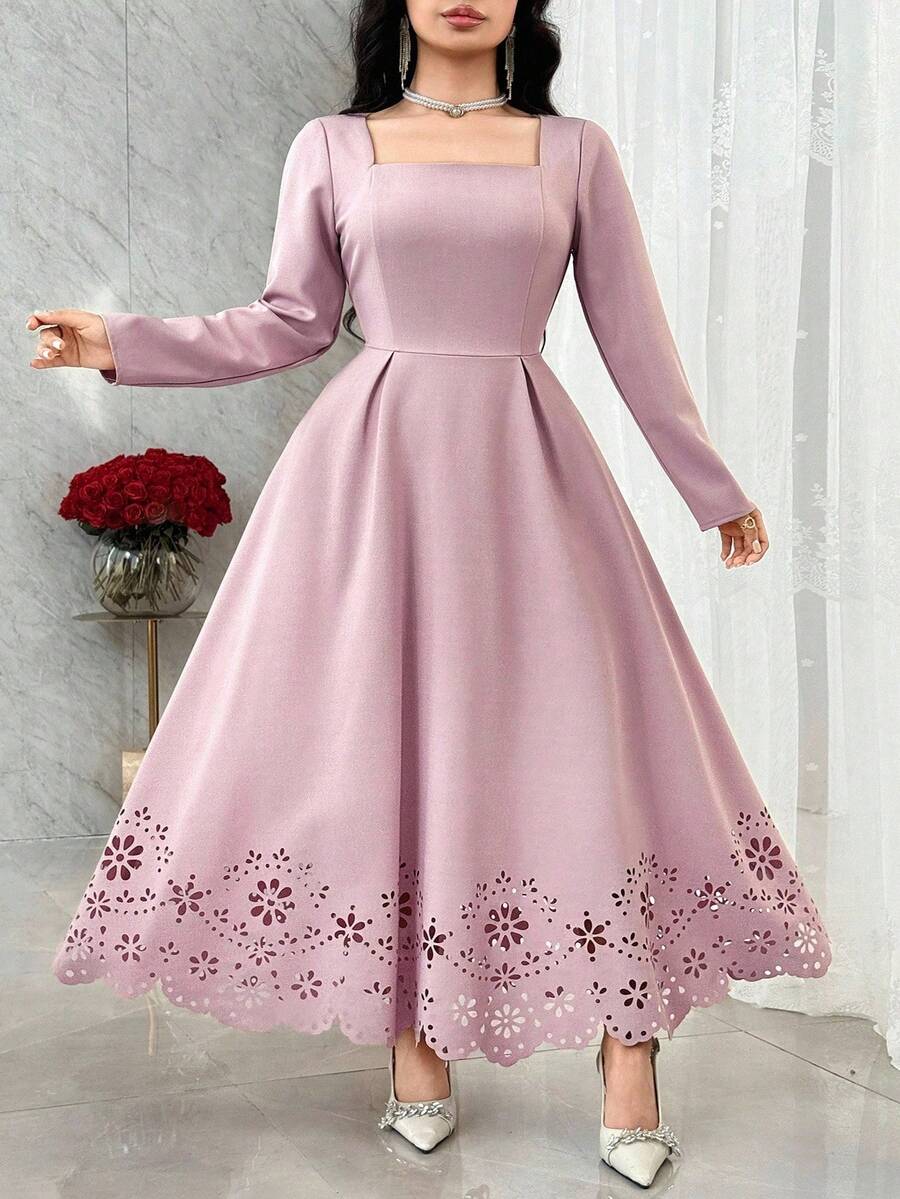 Feyla Đầm dự tiệc cỡ lớn thanh lịch màu trơn khoét eo - Bụi hồng - Xem 1