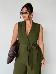 Firerie Plus Size Women Solid Color Shawl Collar Belted Sleeveless Blazer And Pants Casual Commuter 2 Pieces Set Brown Jumpsuit Women Plus Size Formal Jumpsuit Brown Two Pieces Set Women 2 Piece Sets Woman Classy Maternity Clothes Two Pieces Suits Autumn Winter Clothes For Women - Green - View 4
