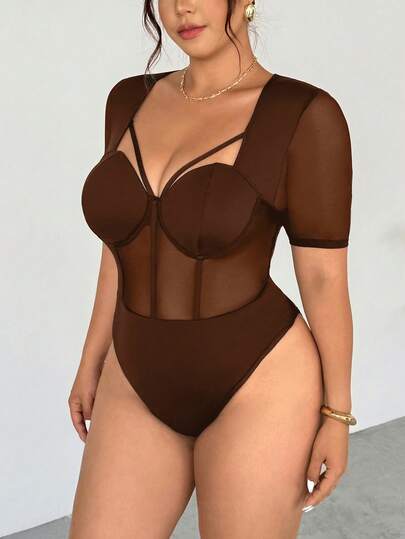 Firerie Plus Size Women's Elegant Office Commute Intellectual High-End Afternoon Tea Slightly Sexy Date Music Concert Party INS Mesh Bust Splice Hollow Design Bodysuit, Office Fairy