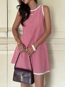 Pariaura French-Style Elegant Red And White Plaid Summer Women's Dress,Backless Design With Contrasting Wavy Trim,Short Resort Dress Perfect For Picnic - Red - View 6