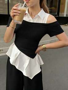 2pcs/Set Teenage Girls Asymmetric Hem Colorblock Off Shoulder Short Sleeve Shirt And Loose Straight Leg Pants Suit, Casual Commuter Outfit - Black and White - View 4