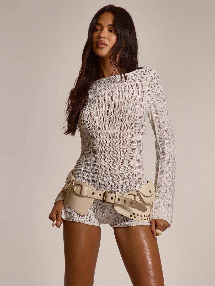 MUSERA 斜领针织图案长袖修身迷你短款连体裤，可爱春夏性感外出海滩度假蜜月装 - 奶油色 - 查看 1