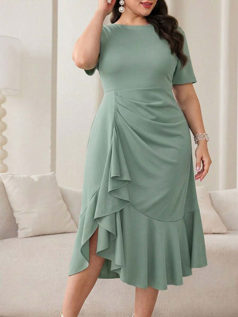 Modelyn Vestido elegante de unicolor con volantes en el bajo, talla grande, para verano - Verde - Ver 1