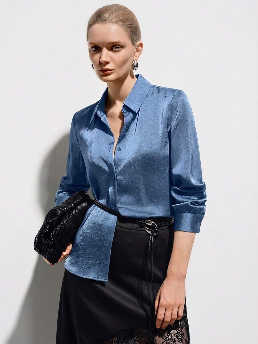 Aveloria Modichic 纯色长袖纽扣衬衫，适合节日派对穿着，女士纽扣衬衫 - 藍色 - 查看 1