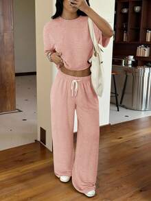 SHEIN EZwear 女士休闲度假风宽松露脐上衣搭配抽绳阔腿裤套装，桃皮绒面料，春夏秋季 - 藕粉色 - 查看 4