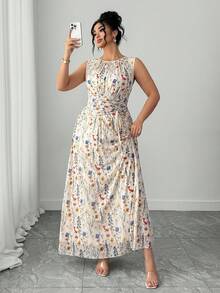 Elenzga Đầm maxi dáng chữ A không tay, cổ tròn, xếp ly, thắt eo, màu mơ, chất liệu lưới hoa thanh lịch dành cho nữ cỡ lớn, phù hợp cho các buổi họp mặt gia đình, trang phục dự tiệc cưới, tiệc tùng, đầm dự tiệc sang trọng. - Màu be - Xem 5